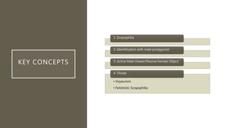 KEY CONCEPTS
1. Scopophilia
2. Identification with male protagonist
3. Active Male Viewer/Passive Female Object
• Voyeurism
• Fetishistic Scopophilia
4. Threat
 