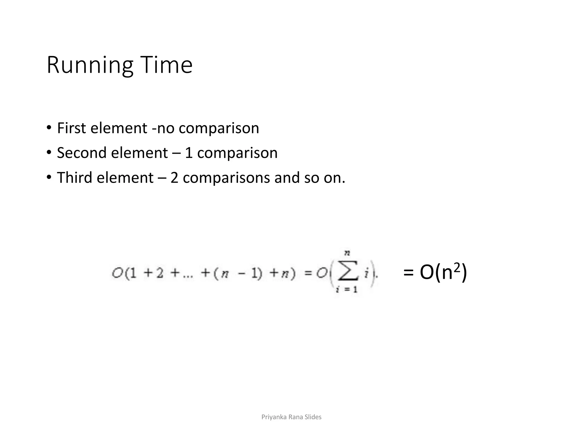 Running Time
• First element -no comparison
• Second element – 1 comparison
• Third element – 2 comparisons and so on.
= O(n2)O(n
Priyanka Rana Slides
 