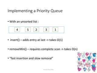 Implementing a Priority Queue
• With an unsorted list :
• insert() – adds entry at last -> takes O(1)
• removeMin() – requires complete scan -> takes O(n)
• “fast insertion and slow removal”
4 5 2 3 1
Priyanka Rana Slides
 
