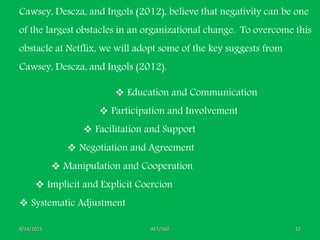 AET/5609/14/2015 12
Cawsey, Descza, and Ingols (2012), believe that negativity can be one
of the largest obstacles in an organizational change. To overcome this
obstacle at Netflix, we will adopt some of the key suggests from
Cawsey, Descza, and Ingols (2012).
 Education and Communication
 Participation and Involvement
 Facilitation and Support
 Negotiation and Agreement
 Manipulation and Cooperation
 Implicit and Explicit Coercion
 Systematic Adjustment
 