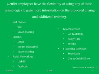 AET/5609/14/2015 5
Netflix employees have the flexibility of using any of these
technologies to gain more information on the proposed change
and additional training.
• Cell Phones
• Text
• Video chatting
• Internet
• Email
• Instant messaging
• Video chatting
• Social Networking
• LinkdIn
• Facebook
• Teleconference
• Go ToMetting
• Ready Talk
• WebEx
• E-learning Webinars
• SweetRush
• City & Guilds Kineo
Cawsey, Deszca, & Ingols, 2012)
 