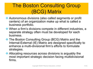 The Boston Consulting Group
(BCG) Matrix
v Autonomous divisions (also called segments or profit
centers) of an organizatio...