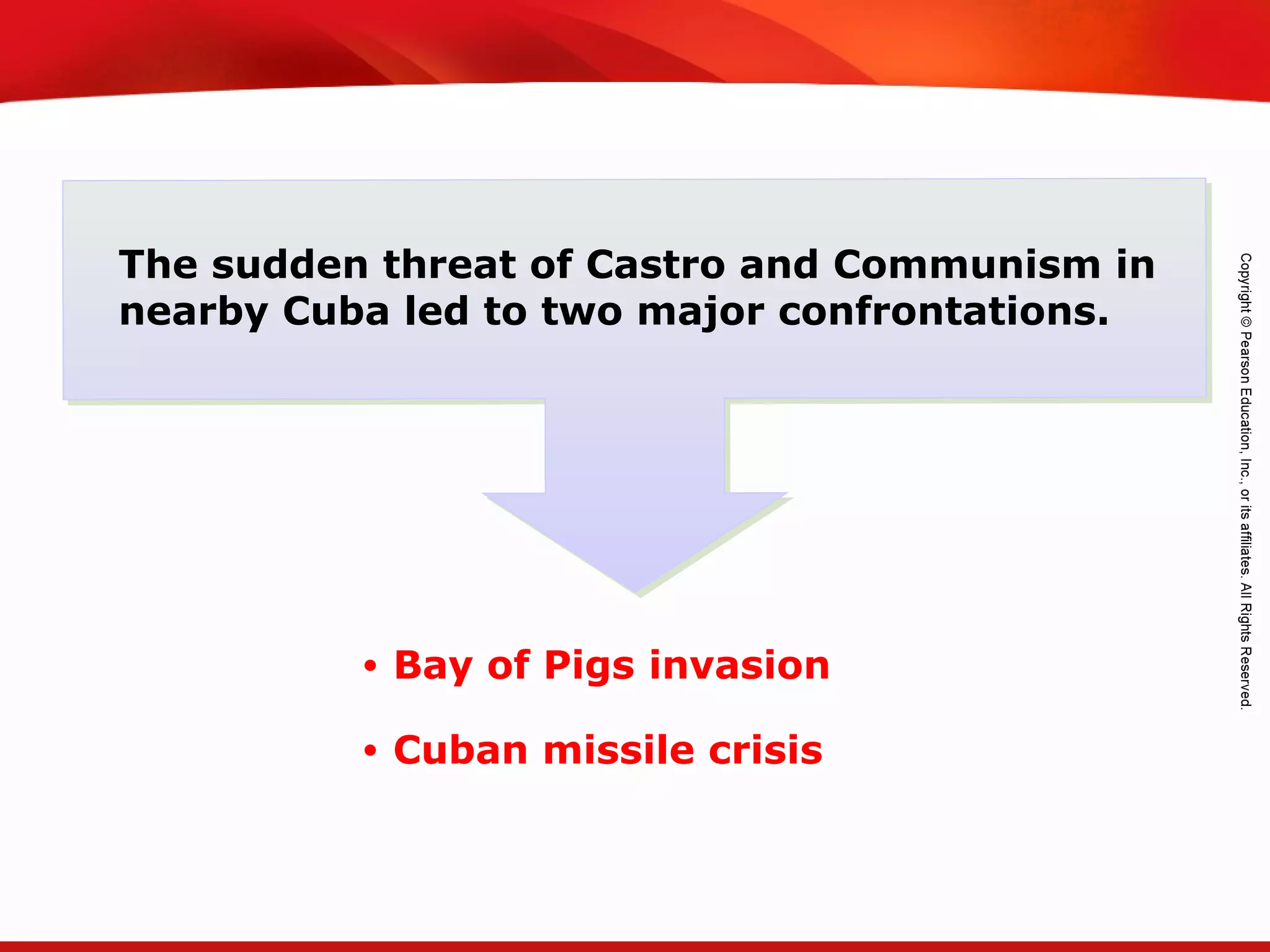 TEKS 8C: Calculate percent composition and empirical and molecular formulas.
The sudden threat of Castro and Communism in
nearby Cuba led to two major confrontations.
• Bay of Pigs invasion
• Cuban missile crisis
 