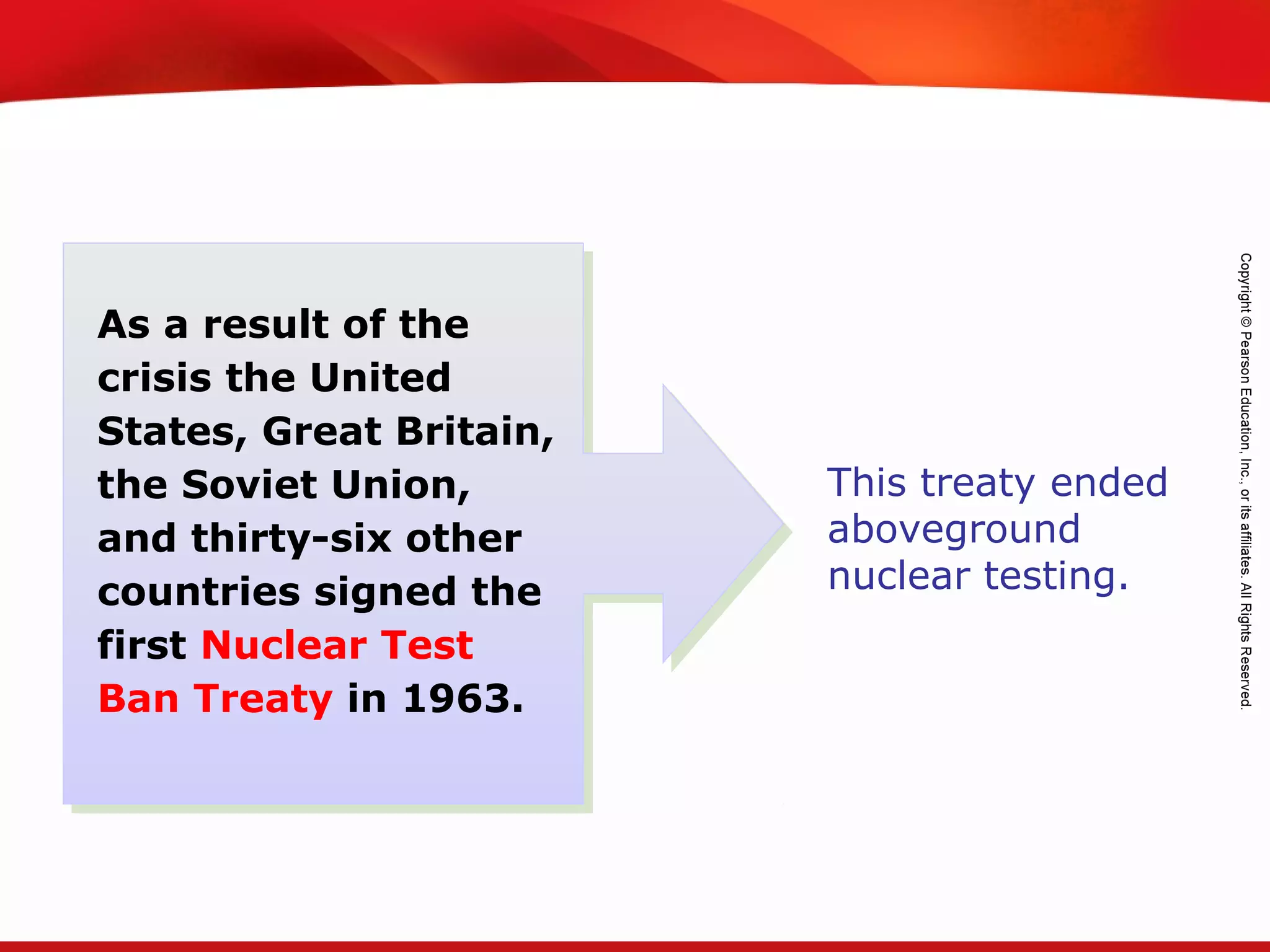TEKS 8C: Calculate percent composition and empirical and molecular formulas.
This treaty ended
aboveground
nuclear testing.
As a result of the
crisis the United
States, Great Britain,
the Soviet Union,
and thirty-six other
countries signed the
first Nuclear Test
Ban Treaty in 1963.
 