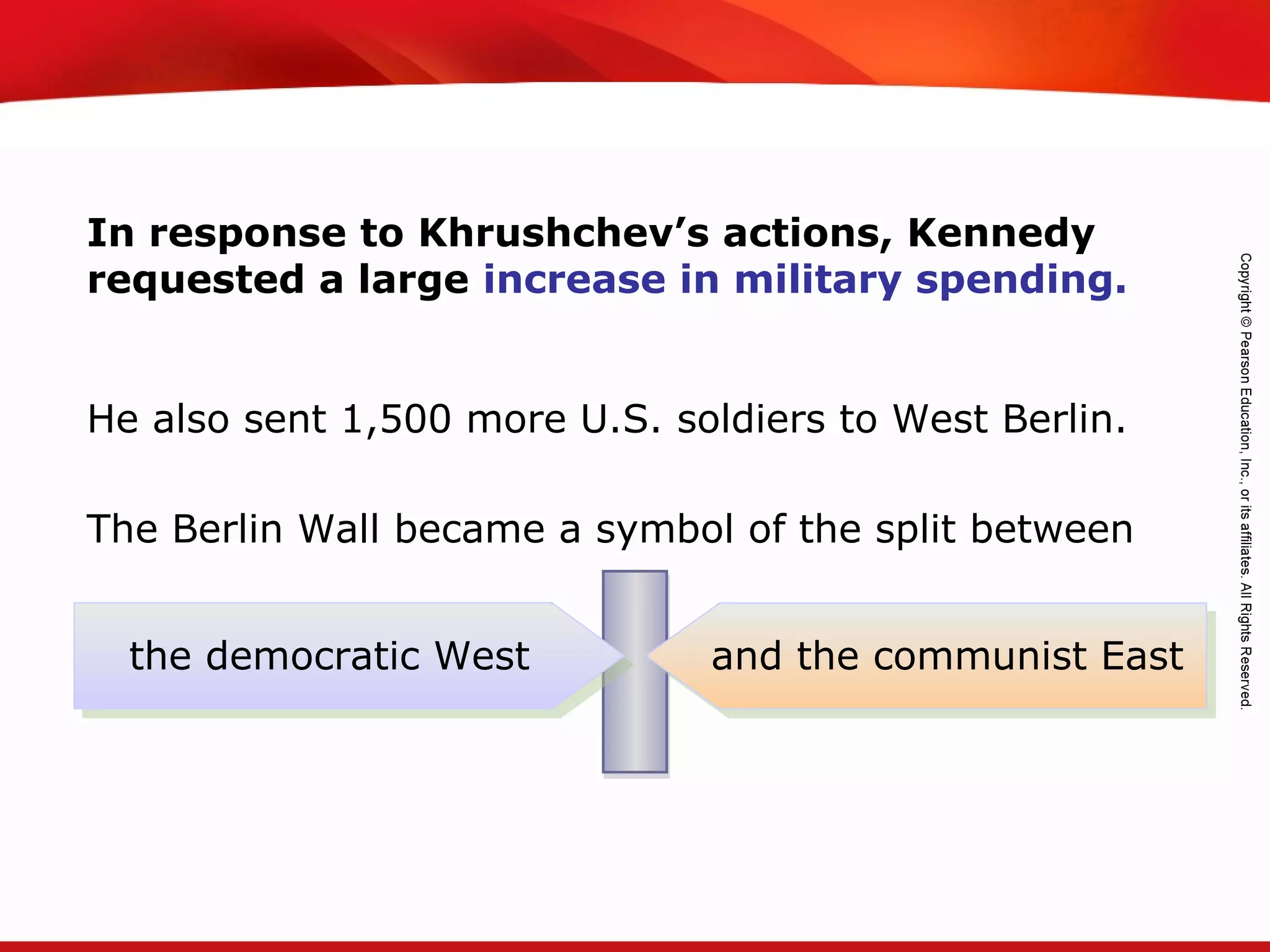 TEKS 8C: Calculate percent composition and empirical and molecular formulas.
In response to Khrushchev’s actions, Kennedy
requested a large increase in military spending.
He also sent 1,500 more U.S. soldiers to West Berlin.
The Berlin Wall became a symbol of the split between
the communist Eastthe democratic West and the communist East
 