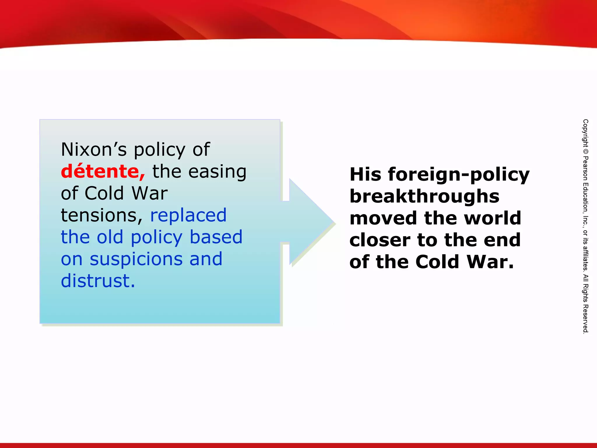 TEKS 8C: Calculate percent composition and empirical and molecular formulas.
Nixon’s policy of
détente, the easing
of Cold War
tensions, replaced
the old policy based
on suspicions and
distrust.
His foreign-policy
breakthroughs
moved the world
closer to the end
of the Cold War.
 