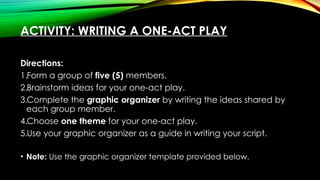ACTIVITY: WRITING A ONE-ACT PLAY
Directions:
1.Form a group of five (5) members.
2.Brainstorm ideas for your one-act play.
3.Complete the graphic organizer by writing the ideas shared by
each group member.
4.Choose one theme for your one-act play.
5.Use your graphic organizer as a guide in writing your script.
• Note: Use the graphic organizer template provided below.
 