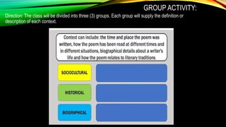 GROUP ACTIVITY:
Direction: The class will be divided into three (3) groups. Each group will supply the definition or
description of each context.
 