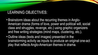LEARNING OBJECTIVES:
•Brainstorm ideas about the recurring themes in Anglo-
American drama (forms of love, power and political will, social
class and struggles, revenge, etc.) using graphic organizers
and free writing strategies (mind maps, clustering, etc.).
•Outline ideas (texts and images) presented in the
brainstorming activity as inputs to produce an original one-act
play that reflects Anglo-American themes in drama.
 