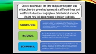 This context refers to the idea that language, rather than
existing in isolation, is closely linked to the culture and society
in which it is used. This means when language is learnt, the
socio-cultural context in which it is used needs to be taken
into consideration as well.
It is all about what was unique or specific about a
certain time in history. This can include cultural and
social contexts that are now in the past.
It refers to the author’s life and the factors that influenced and
shaped it, such as social, political, and economic conditions
during his or her time. This also includes his or her educational
background, religion, ethnicity, among others.
 