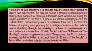A Memory of Two Mondays is a one-act play by Arthur Miller. Based on
Miller's own experiences, the play focuses on a group of desperate workers
earning their livings in a Brooklyn automobile parts warehouse during the
Great Depression in the 1930s, a time of 25 percent unemployment in the
United States. Concentrating more on character than plot, it explores the
dreams of a young man yearning for a college education in the midst of
people stumbling through the workday in a haze of hopelessness and
despondency and alcoholism. Einstein Books' edition of "A Memory of Two
Mondays" contains supplementary texts: "Tragedy and the Common Man,"
an essay by Arthur Miller; an excerpt from "An Enemy of the People" by
Arthur Miller; and a few selected quotes from Arthur Miller.
 