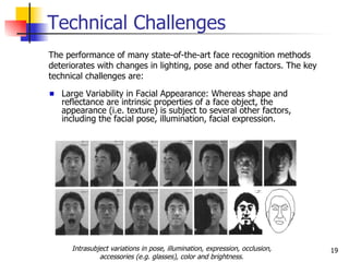 Technical Challenges
The performance of many state-of-the-art face recognition methods
deteriorates with changes in lighting, pose and other factors. The key
technical challenges are:

   Large Variability in Facial Appearance: Whereas shape and
   reflectance are intrinsic properties of a face object, the
   appearance (i.e. texture) is subject to several other factors,
   including the facial pose, illumination, facial expression.




      Intrasubject variations in pose, illumination, expression, occlusion,   19
               accessories (e.g. glasses), color and brightness.
 