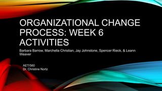 ORGANIZATIONAL CHANGE
PROCESS: WEEK 6
ACTIVITIES
Barbara Barrow, Marchella Christian, Jay Johnstone, Spencer Rieck, & Leann
Weaver
AET/560
Dr. Christine Nortz
 