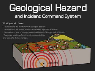 What you will learn
- To understand the mechanism of geological disasters
- To understand the events that will occur during a geological disaster
- To understand how to manage yourself safely while facing geological hazards
- To prepare you to perform the roles, responsibilities
and tasks of a shelter manager.
Geological Hazard
and Incident Command System
 