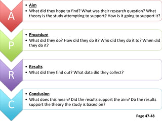 A
P

R
C

• Aim
• What did they hope to find? What was their research question? What
theory is the study attempting to support? How is it going to support it?

• Procedure
• What did they do? How did they do it? Who did they do it to? When did
they do it?

• Results
• What did they find out? What data did they collect?

• Conclusion
• What does this mean? Did the results support the aim? Do the results
support the theory the study is based on?
Page 47-48

 