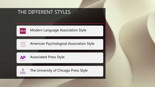 THE DIFFERENT STYLES
Modern Language Association Style
American Psychological Association Style
Associated Press Style
The University of Chicago Press Style
 