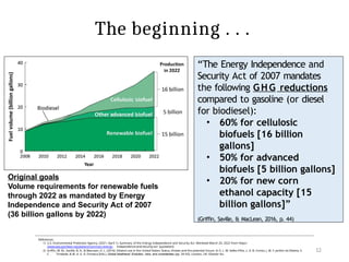 12
References:
1) U.S. Environmental Protection Agency. (2021, April 1). Summary of the Energy Independence and Security Act. Retrieved March 20, 2022 from https:/
/www.epa.gov/laws-regulations/summary-energy- independence-and-security-act [quotation]
2) Griffin, W. M., Saville, B. A., & MacLean, H. L. (2016). Ethanol use in the United States: Status, threats and the potential future. In S. L. M. Salles-Filho, L. A. B. Cortez, J. M. F. Jardim da Silveira, S.
C. Trindade, & M. d. G. D. Fonseca (Eds.), Global bioethanol: Evolution, risks, and uncertainties (pp. 34–62). London, UK: Elsevier Inc.
The beginning . . .
“The Energy Independence and
Security Act of 2007 mandates
the following GHG reductions
compared to gasoline (or diesel
for biodiesel):
• 60% for cellulosic
biofuels [16 billion
gallons]
• 50% for advanced
biofuels [5 billion gallons]
• 20% for new corn
ethanol capacity [15
billion gallons]”
(Griffin, Saville, & MacLean, 2016, p. 44)
Original goals
Volume requirements for renewable fuels
through 2022 as mandated by Energy
Independence and Security Act of 2007
(36 billion gallons by 2022)
 