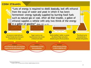 “Lots of energy is required to distill (basically
, boil off) ethanol
from the soup of water and yeast in which it has been
fermented—energy typically supplied by burning fossil fuels
such as natural gas or coal. After all that trouble, a gallon of
ethanol supplies a vehicle with only two thirds of the energy
in a gallon of gasoline” (Biello, 2011, p. 61)
Photo Source & References:
1) Biello, D. (2011). The false promise of biofuels. Scientific American, 305, 58–65.
21
 