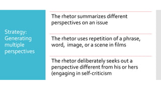 Strategy:
Generating
multiple
perspectives
The rhetor summarizes different
perspectives on an issue
The rhetor uses repetition of a phrase,
word, image, or a scene in films
The rhetor deliberately seeks out a
perspective different from his or hers
(engaging in self-criticism
 