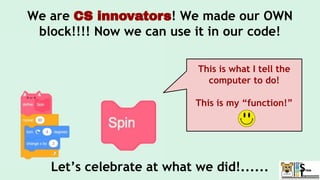 We are CS innovators! We made our OWN
block!!!! Now we can use it in our code!
Let’s celebrate at what we did!......
This is what I tell the
computer to do!
This is my “function!”
 