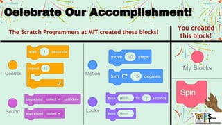 The Scratch Programmers at MIT created these blocks!
You created
this block!
Celebrate Our Accomplishment!
 