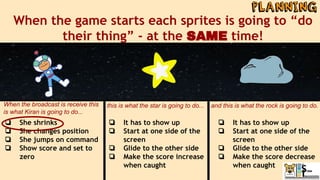 When the game starts each sprites is going to “do
their thing” - at the SAME time!
❏ She shrinks
❏ She changes position
❏ She jumps on command
❏ Show score and set to
zero
❏ It has to show up
❏ Start at one side of the
screen
❏ Glide to the other side
❏ Make the score increase
when caught
❏ It has to show up
❏ Start at one side of the
screen
❏ Glide to the other side
❏ Make the score decrease
when caught
When the broadcast is receive this
is what Kiran is going to do...
this is what the star is going to do... and this is what the rock is going to do.
 
