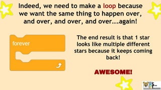 Indeed, we need to make a loop because
we want the same thing to happen over,
and over, and over, and over….again!
The end result is that 1 star
looks like multiple different
stars because it keeps coming
back!
AWESOME!
 