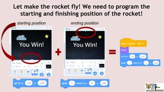Let make the rocket fly! We need to program the
starting and finishing position of the rocket!
starting position ending position
 