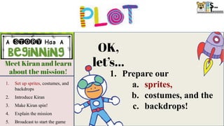 Meet Kiran and learn
about the mission!
Catch stars and
avoid rocks!
Send Kiran home!
1. Switch background to say
the player won!
2. Hide the score
3. Show and move the
rocketship to send Kiran
home!
1. Show rocks and stars
2. Make the stars and rocks move
through the galaxy
3. Make Kiran jump on command
4. Add a score
5. Broadcast a message after stars
have been caught
1. Set up sprites, costumes, and
backdrops
2. Introduce Kiran
3. Make Kiran spin!
4. Explain the mission
5. Broadcast to start the game
OK,
let’s...
1. Prepare our
a. sprites,
b. costumes, and the
c. backdrops!
 