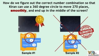 How do we figure out the correct number combination so that
Kiran can use a 360 degree circle to move 270 places,
smoothly, and end up in the middle of the screen?
Sample #1 Sample #2
 