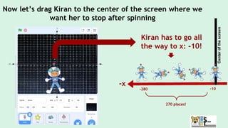 Now let’s drag Kiran to the center of the screen where we
want her to stop after spinning
Kiran has to go all
the way to x: -10!
-10
-x
-280
270 places!
Center
of
the
screen
 