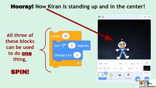 Hooray! Now Kiran is standing up and in the center!
All three of
these blocks
can be used
to do one
thing,
SPIN!
 