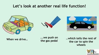 Let’s look at another real life function!
When we drive..
...we push on
the gas pedal
..which tells the rest of
the car to spin the
wheels
 
