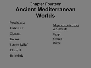 Chapter Fourteen Ancient Mediterranean Worlds Major characteristics & Context: Egypt Greece Rome Vocabulary: Earliest art Ziggurat Kouros Sunken Relief Classical Hellenistic 