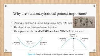Why are Stationary(critical points) important?
• Observe at stationary points, a curve takes a turn.. A U-turn.
• The slope of the function changes direction.
• These points are also local MAXIMA or local MINIMA of the curve.
 