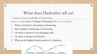 What does Derivative tell us?
• Its tells us about the SLOPE of the Function.
However, Slope (rate of change of function) tells us a lot of things:
1. When a function is increasing or decreasing,
2. How rapidly its increasing or decreasing,
3. Or when a function is not changing at all..
4. Or when it changes its behavior.
5. What are the highest/lowest points of a function…
 