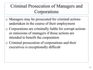 Criminal Prosecution of Managers and
               Corporations
o Managers may be prosecuted for criminal actions
  undertaken in the course of their employment
o Corporations are criminally liable for corrupt actions
  or omissions of managers if those actions are
  intended to benefit the corporation
o Criminal prosecution of corporations and their
  executives is exceptionally difficult




                                                           7-19
 