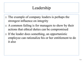 Leadership

o The example of company leaders is perhaps the
  strongest influence on integrity
o A common failing is for managers to show by their
  actions that ethical duties can be compromised
o If the leader does something, an opportunistic
  employee can rationalize his or her entitlement to do
  it also




                                                          7-23
 