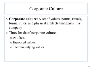 Corporate Culture

o Corporate culture: A set of values, norms, rituals,
  formal rules, and physical artifacts that exists in a
  company
o Three levels of corporate culture:
   o Artifacts
   o Espoused values
   o Tacit underlying values




                                                          7-25
 