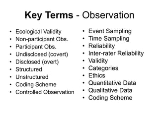Key Terms - Observation
•
•
•
•
•
•
•
•
•

Ecological Validity
Non-participant Obs.
Participant Obs.
Undisclosed (covert)
Disclosed (overt)
Structured
Unstructured
Coding Scheme
Controlled Observation

•
•
•
•
•
•
•
•
•
•

Event Sampling
Time Sampling
Reliability
Inter-rater Reliability
Validity
Categories
Ethics
Quantitative Data
Qualitative Data
Coding Scheme

 