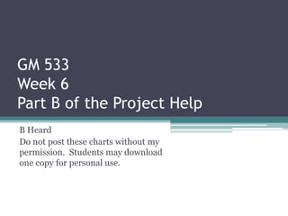 GM 533
Week 6
Part B of the Project Help
B Heard
Do not post these charts without my
permission. Students may download
one copy for personal use.
 