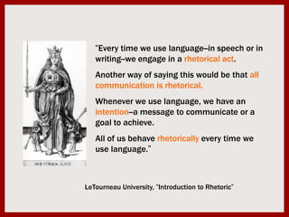 “Every time we use language--in speech or in writing--we engage in a rhetorical act. Another way of saying this would be that all communication is rhetorical. Whenever we use language, we have an intention--a message to communicate or a goal to achieve. All of us behave rhetorically every time we use language.”LeTourneau University, “Introduction to Rhetoric”