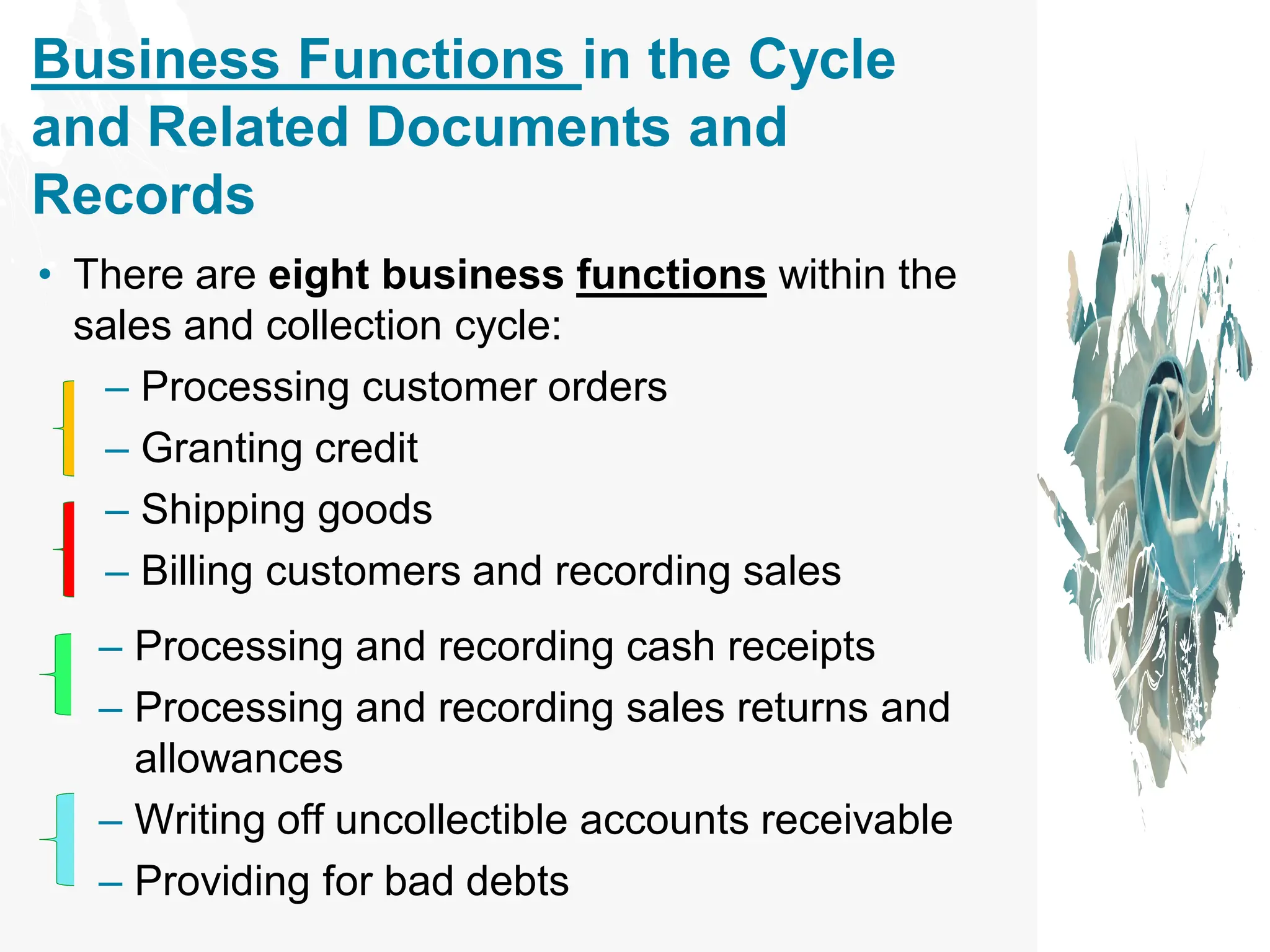 Business Functions in the Cycle
and Related Documents and
Records
• There are eight business functions within the
sales and collection cycle:
– Processing customer orders
– Granting credit
– Shipping goods
– Billing customers and recording sales
– Processing and recording cash receipts
– Processing and recording sales returns and
allowances
– Writing off uncollectible accounts receivable
– Providing for bad debts
 