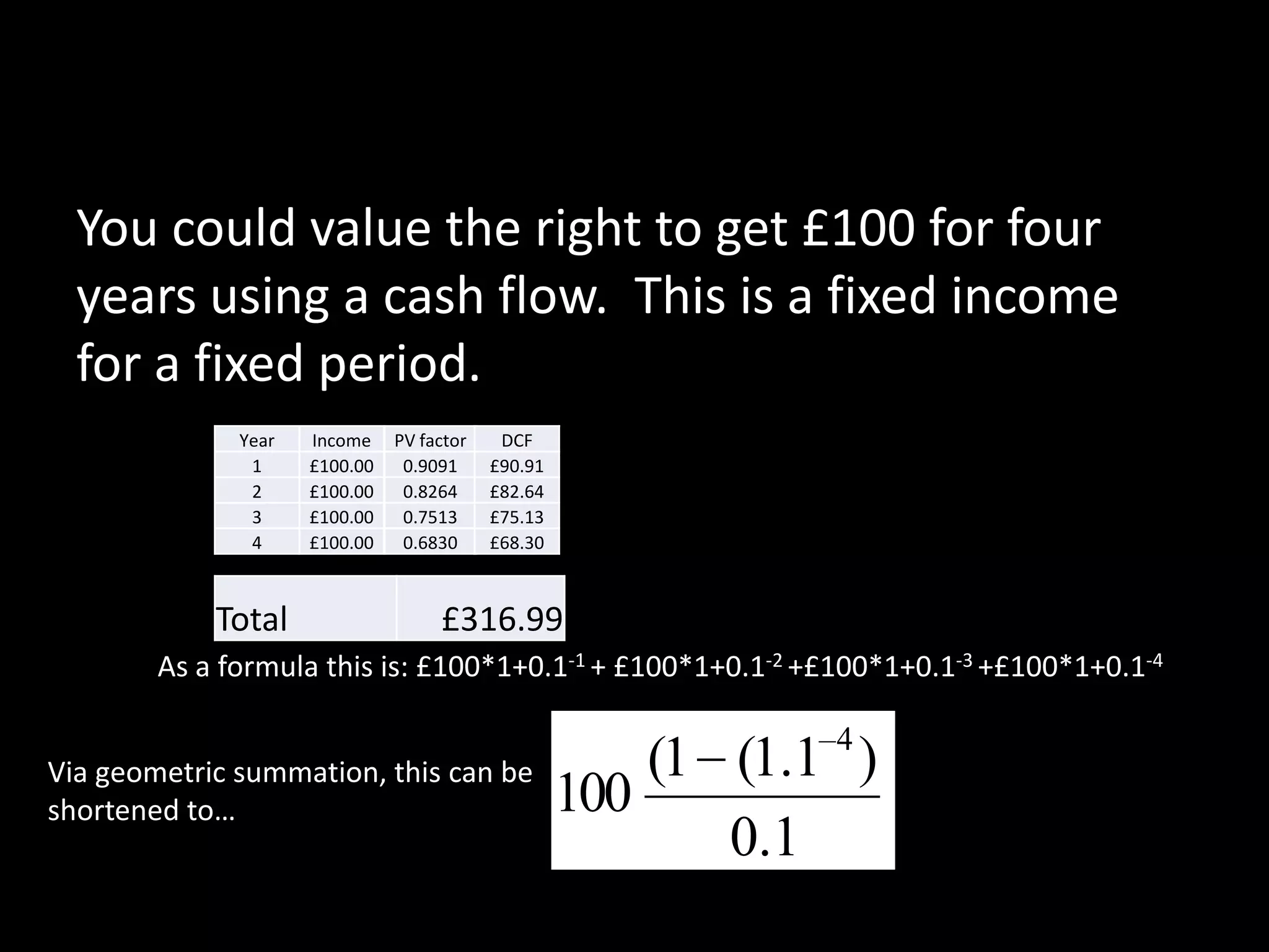 You could value the right to get £100 for four
years using a cash flow. This is a fixed income
for a fixed period.
Year
1
2
3
4

Total

Income
£100.00
£100.00
£100.00
£100.00

PV factor
0.9091
0.8264
0.7513
0.6830

DCF
£90.91
£82.64
£75.13
£68.30

£316.99

As a formula this is: £100*1+0.1-1 + £100*1+0.1-2 +£100*1+0.1-3 +£100*1+0.1-4
Via geometric summation, this can be
shortened to…

(1 (1.1 4 )
100
0.1

 