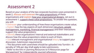 Assessment 2
19
Based on your analysis of the two corporate business cases presented in
week 2, discuss and contrast the value propositions of these
organisations and explain how your organisational designs, set out in
assessment 1, support these value propositions. To answer this question,
you will:
– Delineate your understanding of how these organisations create value;
– Explain how the key aspects of each dimension (structure, people
management, marketing, financial management) and their interactions
support the value propositions;
– Identify these organisations’ internal and external stakeholders and
discuss how the value propositions relate to each of them.
– Use relevant management and organisational theory to support your
discussion. Submission requirements
– The document with coversheet should be uploaded into Turnitin – A
penalty of 10% per day shall apply to late submissions.
– Refer to the link in Learning Resources to ’E-Resources page for
Management’ for independently sourced references.
 