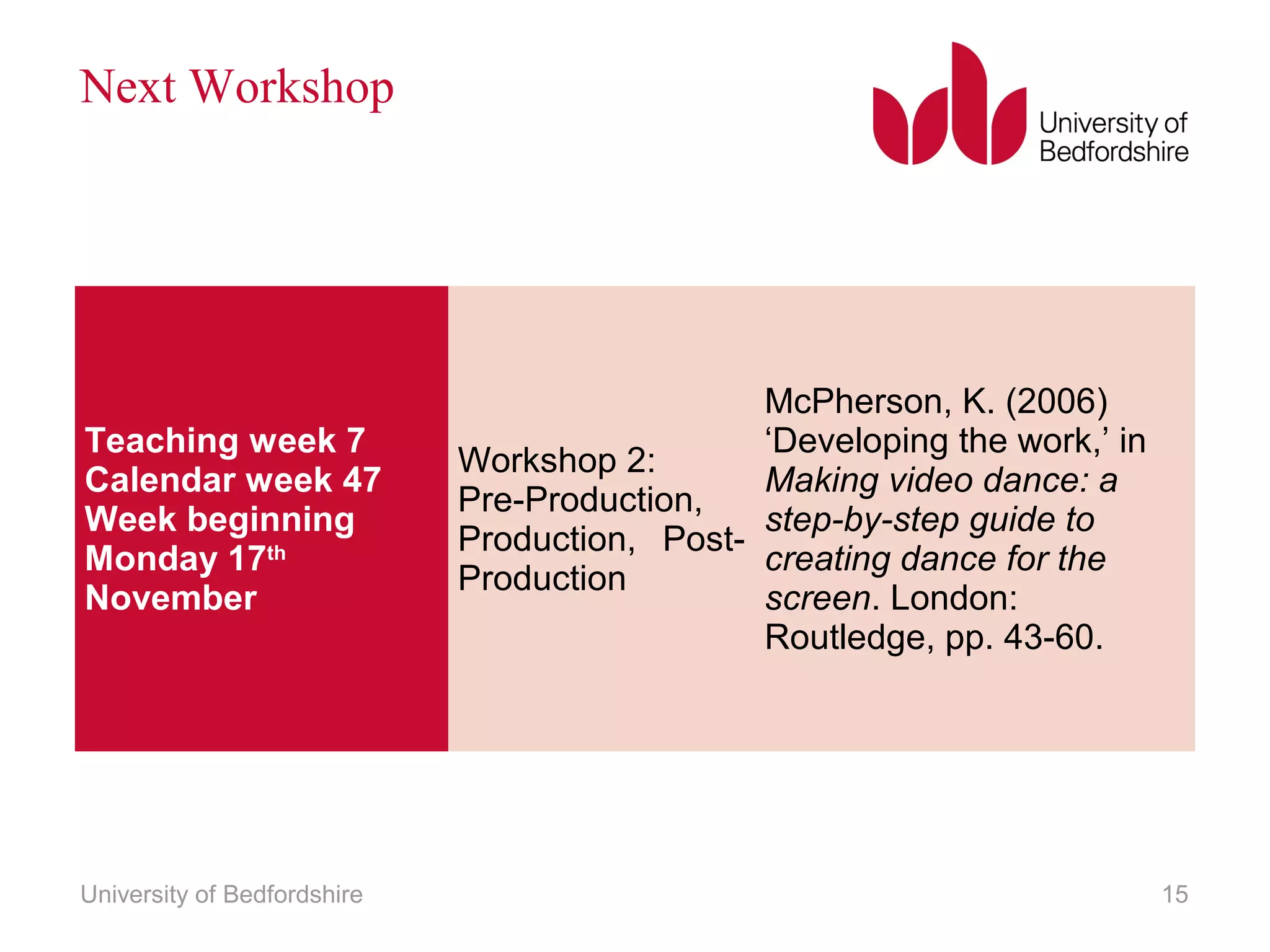 Next Workshop 
Teaching week 7 
Calendar week 47 
Week beginning 
Monday 17th 
November 
Workshop 2: 
Pre-Production, 
Production, Post- 
Production 
McPherson, K. (2006) 
‘Developing the work,’ in 
Making video dance: a 
step-by-step guide to 
creating dance for the 
screen. London: 
Routledge, pp. 43-60. 
University of Bedfordshire 15 
