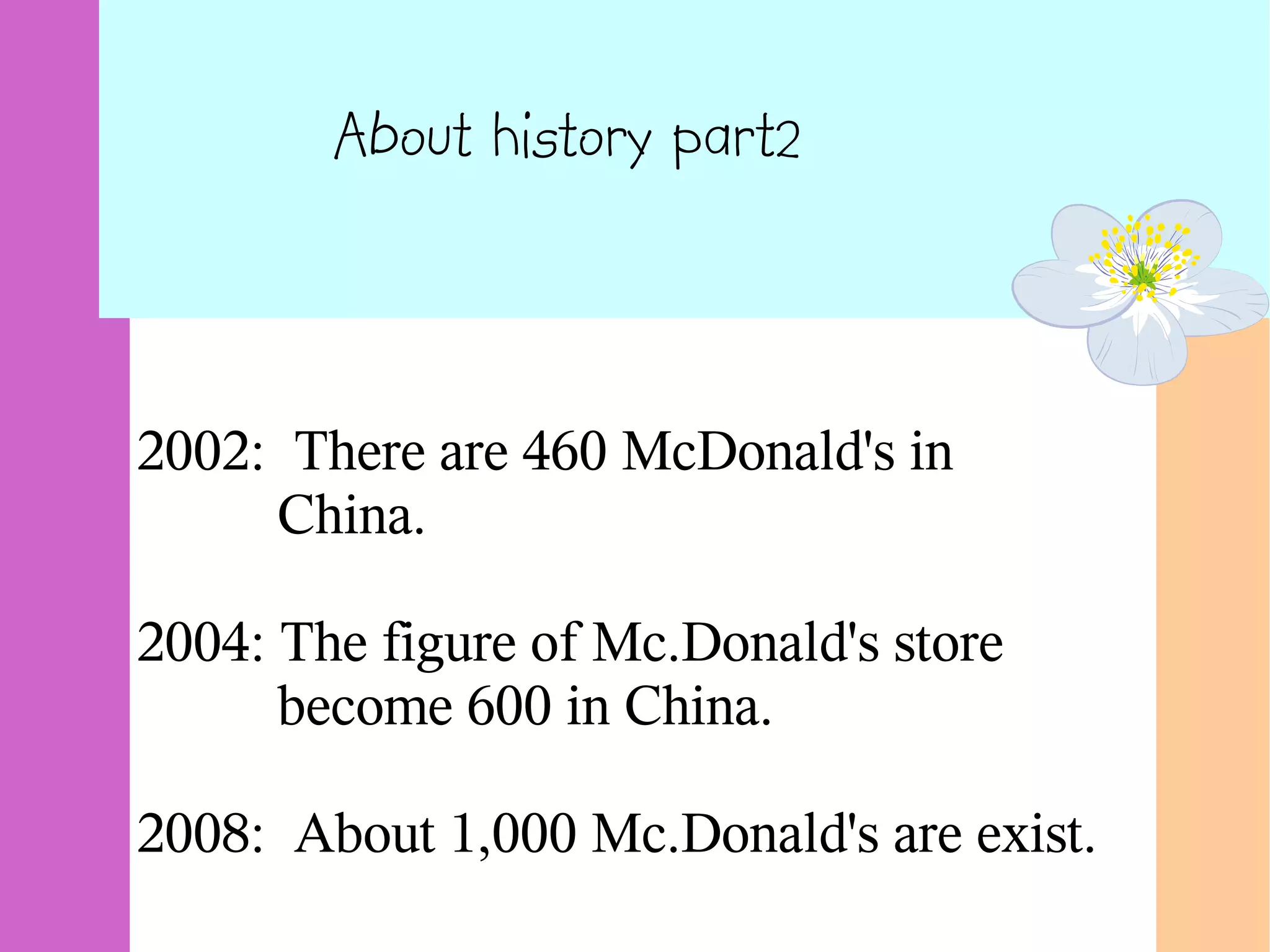 About history part2
2002: There are 460 McDonald's in
China.
2004: The figure of Mc.Donald's store
become 600 in China.
2008: About 1,000 Mc.Donald's are exist.
 