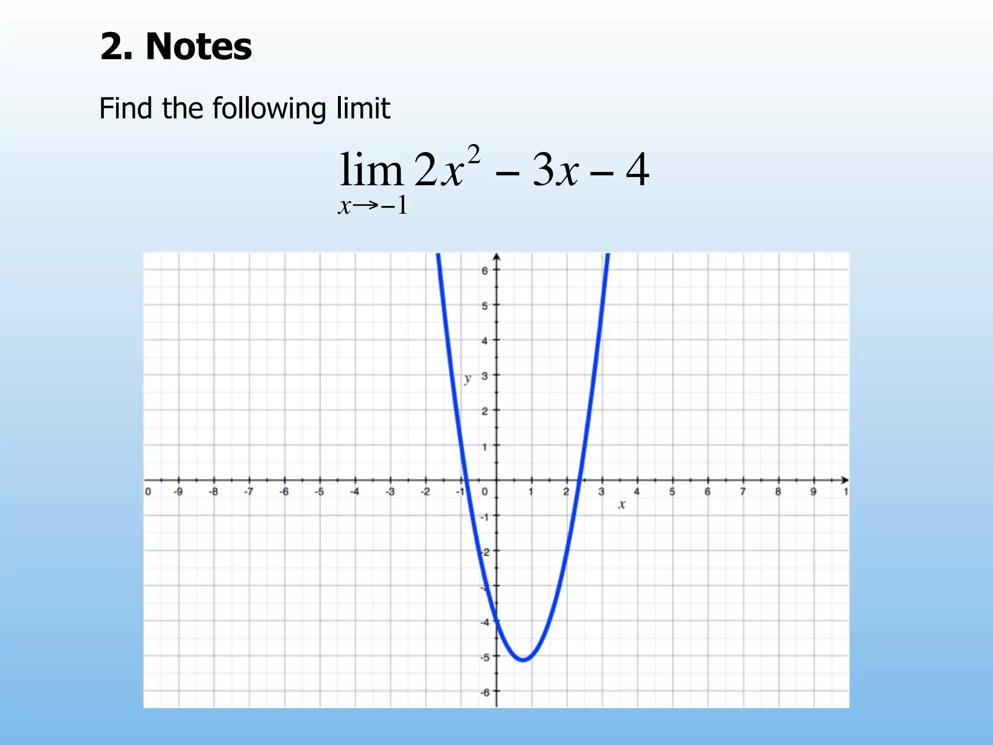2. Notes
Find the following limit
                           2
                   lim 2x − 3x − 4
                   x→−1
 