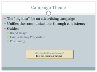 Campaign Theme The “big idea” for an advertising campaign Unifies the communications through consistency Guides: Brand Image Unique Selling Proposition Positioning http://adsoftheworld.com/ See the common thread. 