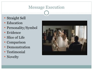 Message Execution Straight Sell Education Personality/Symbol Evidence Slice of Life Comparison Demonstration Testimonial Novelty 